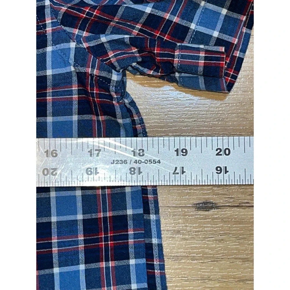 Ralph Lauren Button Down Shirt Boys L 14-16 Blue Red Plaid Short Sleeve Pony